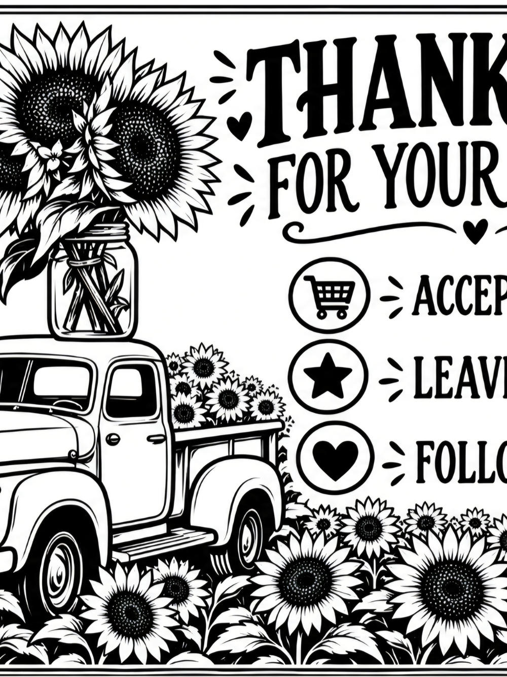Black & White Sunflower Truck Thank You Card 25 Pk